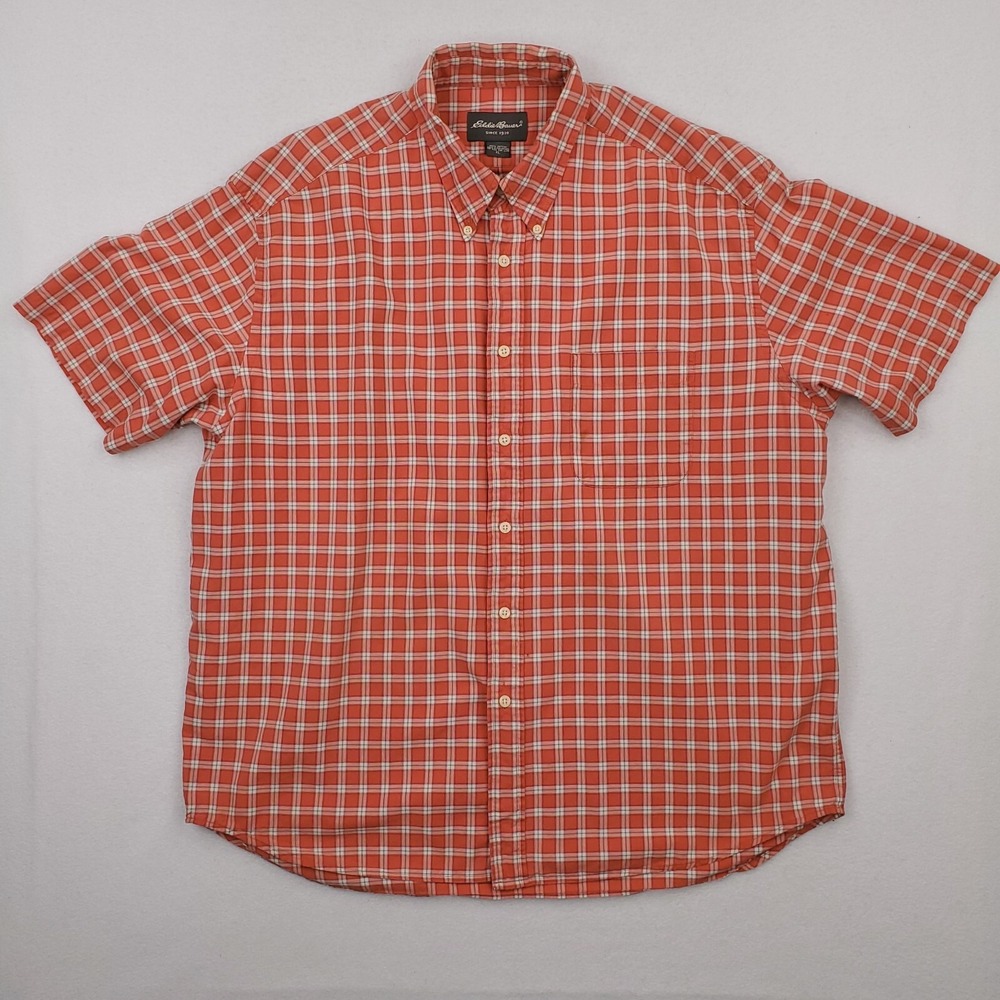 Eddie Bauer Shirt Mens Extra Large Orange Check Plaid Preppy Outdoor Button Down